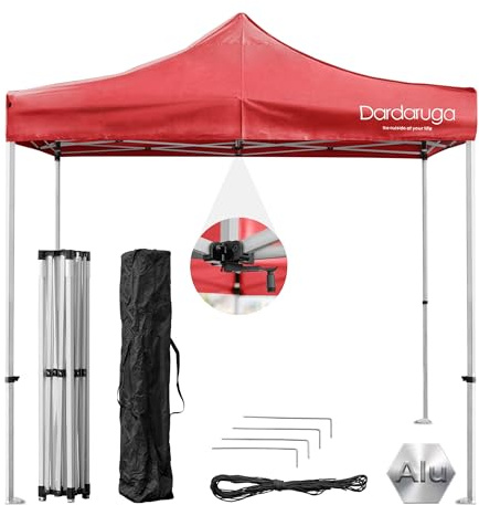 Tonnelle pliante de jardin 3 x 3 m, aluminium, imperméable, résistante aux rayons UV, fermeture à accordéon, hauteur réglable, piquets + sac de transport + cordes incluses, couleur rouge