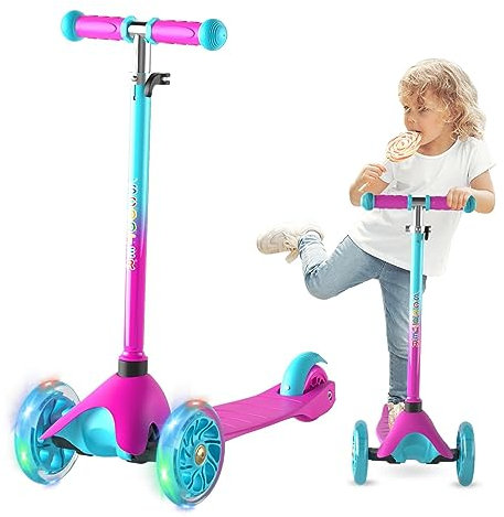 FAYDUDU 3 Wheel Scooter with LED Children's Scooter for Children from 2-5 Years, Adjustable Height (Pink)