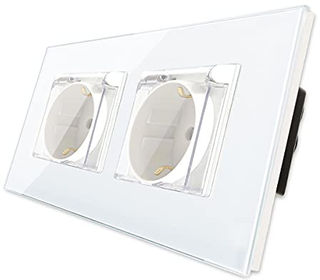 CNBINGO Zócalo doble 16 Amp con vidrio duro Blanco, protección infantil, material resistente al fuego, versión impermeable, enchufe Schuko según el estándar de la UE