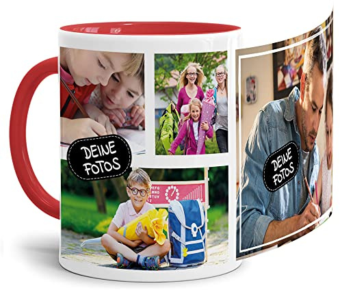Foto-Tasse zum selbst gestalten mit Foto-Collage für 4 Wunschfotos - Geschenk für Familie, Freunde, Geburtstag, Weihnachten - Keramik Innen & Henkel Rot, 300 ml I Personalisiert