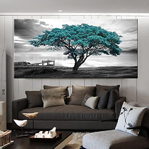 schwarz weiß grüner Baum Panorama Leinwand Bild-Moderne Landschaft Kunstdruck -Leinwand Wandkunst Bilder,für Wohnzimmer Deko Gemälde- XXL Wandbilder Druck auf Leinwand 80x160cm (32x63in) rahmenlos