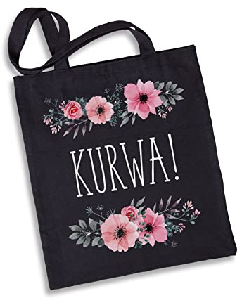 Tassenbrennerei Stofftasche mit Spruch Kurwa blumig - Einkaufstasche lustig - Stoffbeutel mit viel Stauraum (Schwarz)