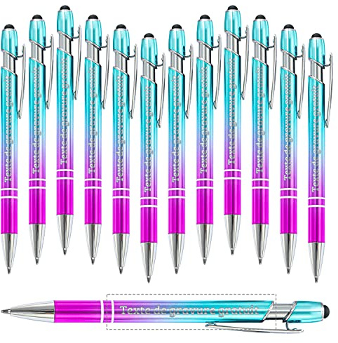 Stylo à bille gravé personnalisé gratuit avec stylo à écran tactile, Stylos à bille avec Logo Personnalisé Gravé en Métal avec Message, entreprise, école, bureau, étude, Encre noire - 12 stylos