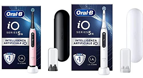 Oral-B Spazzolino Elettrico Ricaricabile iO 5n Rosa, 1 Testina, 1 Custodia Da Viaggio, 1 Spazzolino & Spazzolino Elettrico Ricaricabile iO 5n Bianco, 1 Testina, 1 Custodia Da Viaggio