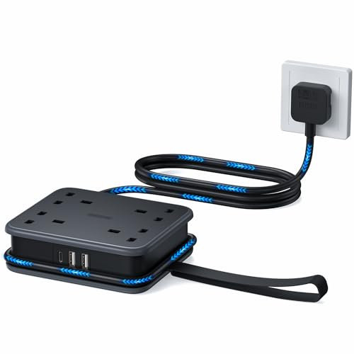 NTONPOWER 4 Way Wall Mounted Extension Lead with USB C Slots, 3250W 13A, 1.6M Cord, Multi Plug for Home Office Travel