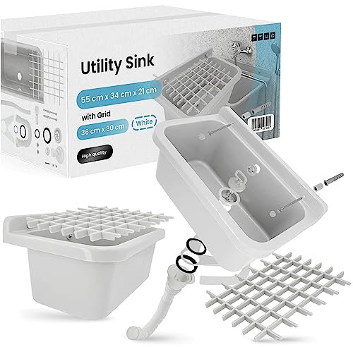Lavandino da Camera Lavabo Commerciale Industriale 55 x 34 x 21 cm Bianco con Griglia 36 x 30 cm Profondo Esterno Giardino Garage Lavanderia Bagno Fabbrica Polipropyleno Vasca Singola