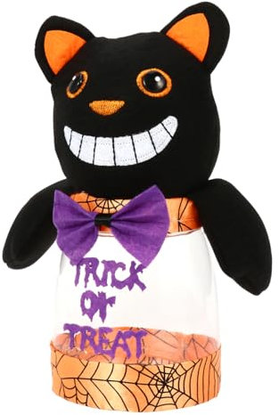 Luxshiny Halloween Candy Jars Cat Plastic Cookie Jars with Plush Doll Lid Small Clear Candy Storage Container Bottle Jar Novelty Biscuit Jar Halloween Party Black
