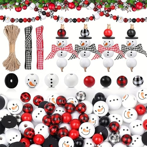 EBbels Weihnachts Schneemann Holzperlen Set, Handgefertigte Weihnachts Holzperlen Ornament Set Mit Hanfseil, DIY Schmuck Basteln Girlandenherstellung Party-Heimdekoration