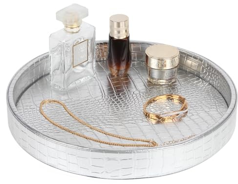 HofferRuffer Faux Leather Round Serving Tray, Vegan Croco Leather Decorative Tray, Food Tray for Storage Drinks, Snack & Cosmetics, Dia.12'' x 1.6'' (Silver)