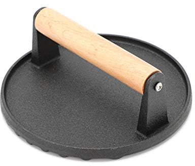 Shoze 7 Inch Round Cast Iron Grill Press with Wooden Handle - Heavy-Duty Burger Weight Press for Kitchen Use