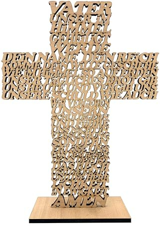 DesignByLayer Vater Unser Kreuz aus Holz mit Standfuß als Geschenk für Taufe, Hochzeit, Geburtstag, Weihnachten (Buche (dunkler), 28x21cm)