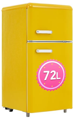 DRIXNO Retro-Kühlschrank, oberer und unterer Doppeltür-Kühlschrank, 72 Liter Gesamtvolumen, mit 21 Liter Gefriervolumen, 120 kWh/Jahr, LED-Licht. Erhältlich in verschiedenen Farben