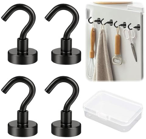 ChAusa 4Pcs Crochets Magnétiques en Néodyme, 20 mm Crochet Magnétique Pouvant Contenir des Aimants de 15 Kg avec Crochets Crochet Magnétique Super Puissant Magnétique pour Réfrigérateur Cuisine