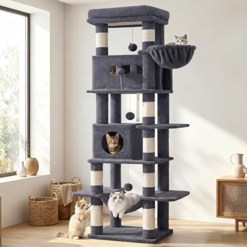 Hzuaneri 170 cm klösträd, katttorn för stor katt, klösträd på flera våningar med stor sittstång, tvättbar matta, katthusmöbler med 2 grottor, 8 klösträd, Mörkgrå MS17018SG