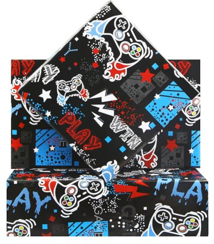 Papel de regalo de videojuegos para niños y niñas, 4 hojas de papel de regalo para juegos de juegos, papel de regalo plegado, 50 x 70 cm por hoja, para fiesta de juegos de cumpleaños