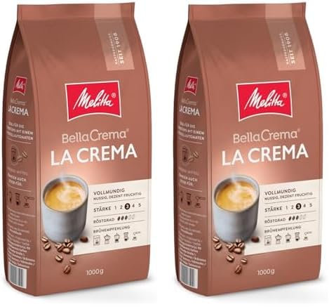 Melitta BellaCrema La Crema Café en grain 1kg, non moulu, café en grain pour machines à café, torréfaction moyenne, torréfié en Allemagne, intensité 3 (Lot de 2)