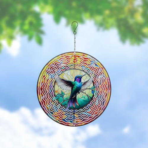 SUPERDANT Hummingbird Wind Spinners Flower 3D Stainless Steel Hanging Wind Spinner Kinetic Sculpture Art Garden Outdoor Indoor Decorations Christmas Ornament Gifts for Women Mom Grandma 30cm/12in