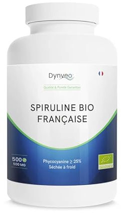 Spiruline Bio Française - 25% Phycocyanine - 500 mg / 500 comprimés - Superaliment riche en protéines végétales - Séchage à froid - Sport, Tonus, Immunité, Vitalité - Dynveo