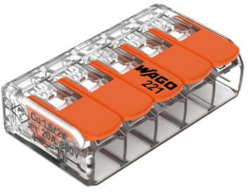 Wago, Hebelklemme Serie 221, Box mit 40 Stück, 5 Eingänge, kompatibel mit starren, halbstarren und flexiblen Drähten 0,14 – 4 mm², Spannung 450 V, Strom 32 A, Abisolierlänge 11 mm | Geeignet für starre, halbstarre und flexible Drähte, Nennstrom 32 A, Spannung 450 V, werkzeuglose Hebelmontage