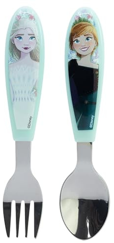 STOR Set 2 Cubiertos Infantiles Frozen Acero Inoxidable Tenedor y Cuchara con Mango Decorado Libre de BPA para Niños