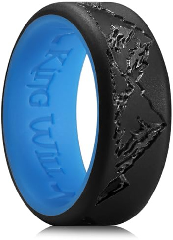 King Will Silicone Rings For Men, Black & Blue Rubber Wedding Bands with Unique Mountain Peak Design, 8mm Wide 2.2mm Thick, Comfort Fit T 1/2 (10)