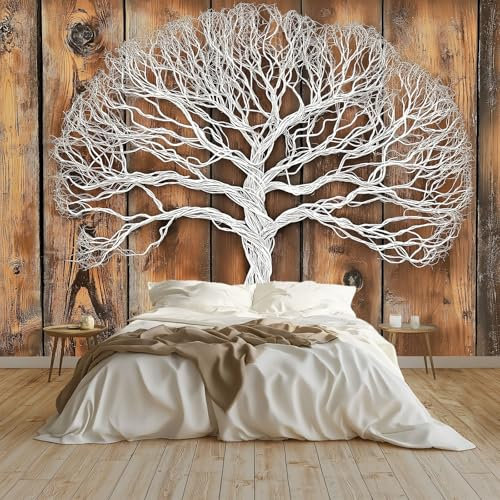 Moda Art Papel Tapiz Árbol De La Vida De Metal Blanco Arte Mural de Papel Pintado 200x140 cm Fotomural Decoración de Papel Tapiz Fondo de Pared de Tv de Fotografía, Marrón