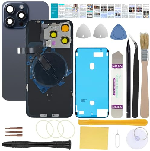 UooFide Rear Back Glass Cover Replacement Compatible with iPhone 15 Pro 6.1-Inches All Carriers +Pre-Installed Plate +Wireless Charging Coil Flex Cable +Flashlight +Microphone +Camera Frame (Blue)