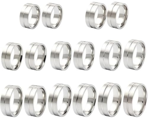 SUNNYCLUE 1 Box 18 Stück 9 Größen Gravur Ringrohlinge Gerillter Ring Edelstahl Runder Rohling Leerer Kern 8mm Breit Fingerband Für Inlay Schmuck Hochzeit Herstellung von Geschenken DIY Handwerk Innend