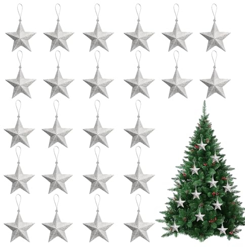 24 Stück Weihnachtsbaum Stern Deko, Weihnachtsdeko Baum Stern Anhänger, Weihnachtsbaum Deko Weihnachtsstern, Glitzer Sterne Christbaumanhänger, Weihnachtsstern für Bäume, Kamine, Fenster (Silber)
