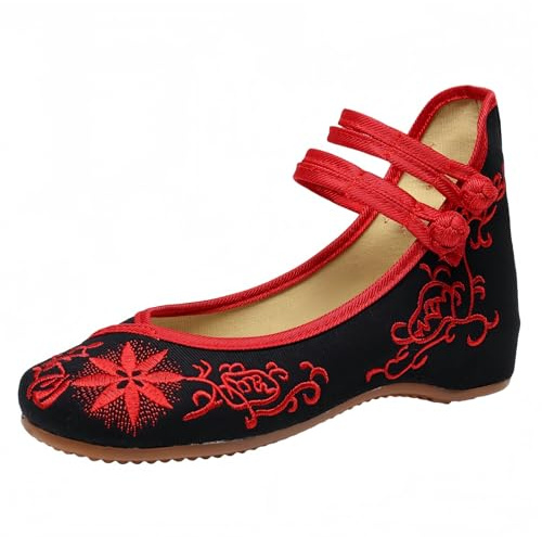 FQLGJMY Mujeres Chinos Bordados Planos asiáticos Tradicionales Mary Jane Brida Ballet Zapatos de Yoga con botón de Rana Suela de Goma