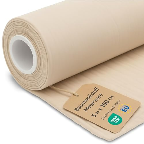 Tessuto al metro cotone 5M x 160 cm - Tessuti e stoffe per cucito creativo decorazione e fai da te Stoffa ideali per abbigliamento arredamento Oeko-Tex Beige