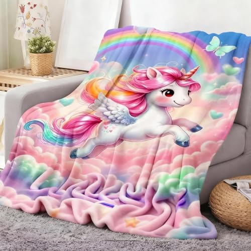 FEELJAM Einhorn Decke kuscheldecke pinkes, Flanell Weich Fleecedecke f¡§1r M?dchen, Flannel Fleece Blanket, Kinder kuscheldecke, Sofadecke, Wohndecke, mikrofaser Couchdecke (Bunte Wolken-2, 150*200)