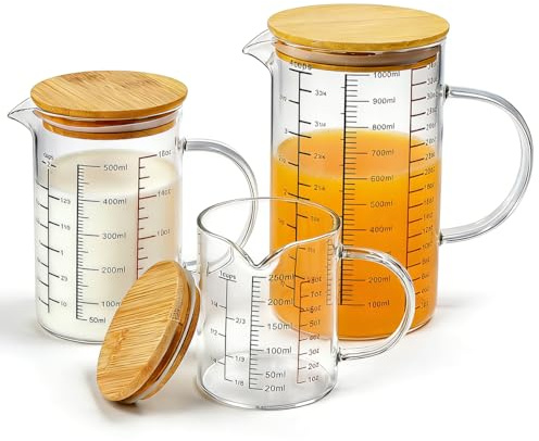 BRRDAQU 3er Set Messbecher Glas mit Bambusdeckel Glasmessbecher Borosilikatglas 250ml 500ml 1000ml Hitzebeständig & Mikrowellengeeignet Meßbecher Präzise Skala mit V-Ausguss Ideal zum Backen Kochen