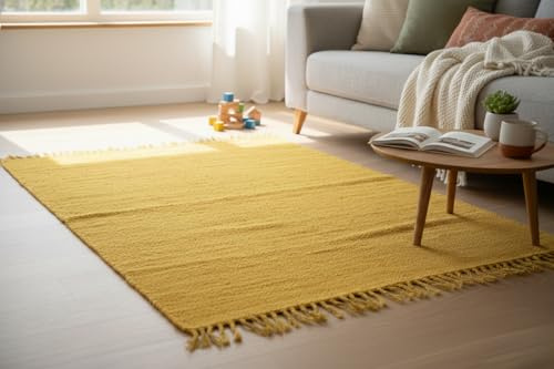 Elegant Floors® Chindi Teppich GELB 140x200 cm handgewebt aus Baumwolle – nachhaltiger Flachgewebe Teppich aus recycelten Stoffstreifen, wendbar, robust und pflegeleicht