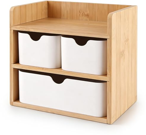 VEGOATY Make-Up Organizer Holz mit 3 Schubladen: 20 x 14 x 19 cm Bambus & MDF Holz Aufbewahrungsbox mit Schubladen, Mini Schubladenbox für Büro Zuhause Schule (Weiß/Natur)