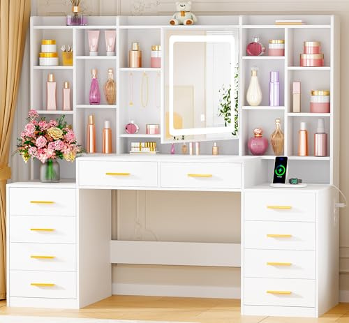 ANWBROAD 150cm Moderne Grande Coiffeuse avec Miroir LED, Étagères Cachées