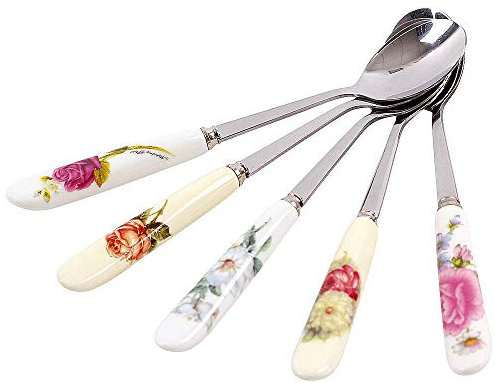 Kaffeelöffel Edelstahl Kuchenlöffel Teelöffel mit Keramik Griff Schöne Blumen Drucken Porzellan Dessertlöffel Joghurtlöffel 15cm Lange Macchiato Löffel für kalt & heißes Getränk (5 STÜCK/SET)