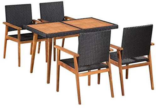 Fesjoy Gartenmöbel für den Garten 5-TLG. Patio Dining Set - 4 Sitzer Gartenmöbel für den Außenbereich mit Holzdesktop + 4 Korbsessel für Terrassendielen oder Balkon