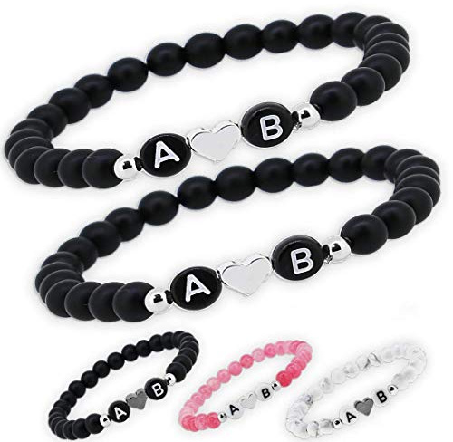 2x Personalisierte Pärchen Namensarmbänder Herz | Partnerarmbänder couple Edelsteine 6mm | Perlenarmband individueller Buchstaben Armband A-Z Freundschaftsarmband Liebesarmband Geschenk für Paare