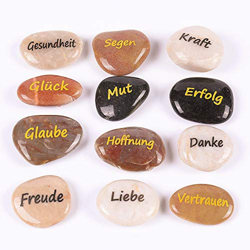 12 Stück RockImpact Steine mit Spruch Glück Gravierte Steine Gravur Inspirierende Steine Glücksbringer Ermutigung Dankbarkeit Geschenk Glückssteine (Großhandel, 12 Verschiedene Sprüche, je 5-8 cm)