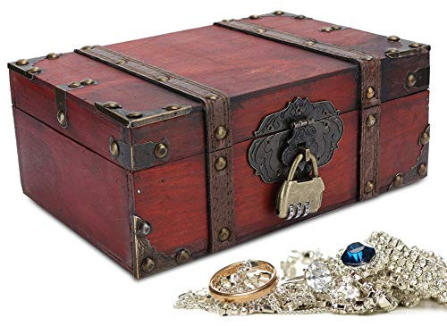 Scatola portaoggetti in legno vintage – Baule portagioie con tesoro decorativo con serratura, decorazione per la casa, baule del bagagliaio, organizzatore di supporto per collana di gioielli (02)