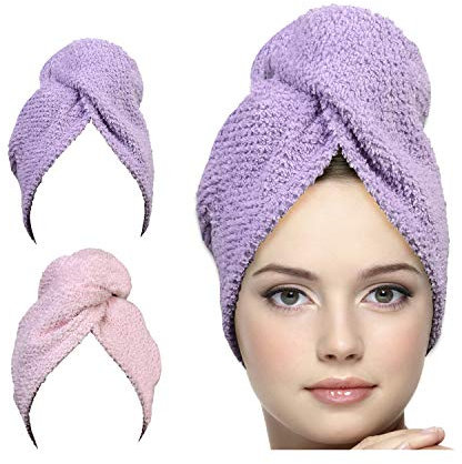 KEEPOZ Hair Towel Wrap Quick Dry 100% Cotton Super Absorbent Turban Head Wrap for Women with Button, Non Microfiber Anti Frizz Products, Hair Cap for Curly, Long (Lilac Pink Check, 2 Pcs)