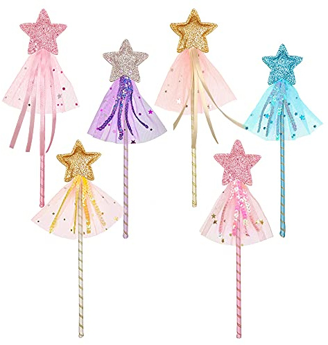 PPXMEEUDC 6 PCS Glitter Princess Wand Kit Fairy Star Magic Dress-up Wand for Girl's Costume Role Play Show Cosplay Birthday Party Favor