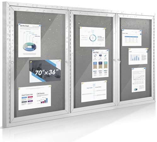 SWANCROWN Weather Resistant Enclosed Bulletin Board Gray Fabric Displays Boards Wall Mounted Notice Cabinet with Three Locking Doors, 70x36 inches