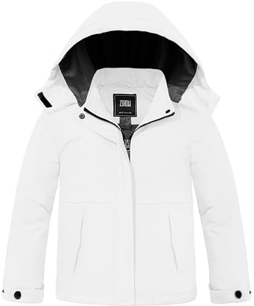 ZSHOW Girls' Winter Coat Windproof Waterproof Rain Jacket with Removable Hood(White,10-12)