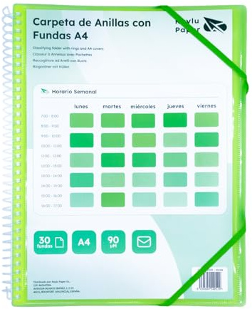 Raylu Paper® – Sorteringsmapp med ringar med 90 mikron A4 transparent fodral och kuvert med kardborreförslutning, anpassningsbar lock. 100% biologiskt nedbrytbar mantel. (30 ärmar, grön)