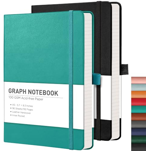 RETTACY Graph Paper Notizbuch A5 2 Stück – 384 Seiten kariert Notizbuch mit 100 g/m² Millimeterpapier, Stifthalter, Innentasche, für Büro, Schule, Arbeit, Damen und Herren, Arbeit, 14,5 x 21 cm –