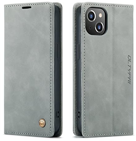 QLTYPRI Hülle für iPhone 13 6,1 Zoll, Leder Klapphülle, Grau | Vintage PU Leder Hülle, Handyhülle mit 2 Kartenfächer, Standfunktion, Weicher TPU-Rahmen, Stoßfeste Flip Wallet Case