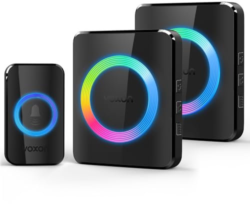 VOXON Funkklingel, 400m Reichweite Kabellose Türklingel Funk Set mit 2 Plug-In-Empfängern und 1 Sender, IP65 Wasserdicht Klingel Haustür für Außenbereich, 60 Melodien Doorbell, RGB-Licht(Schwarz)