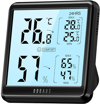 DOQAUS Room Thermometer Hygrometer, Black | High accuracy (±1°C, ±2% RH), 3s fast refresh, 3.05 LCD with backlight, wet/comf/dry + trend icons, 18-month battery life